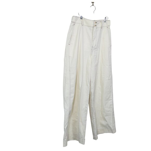 Madewell Button-Tab Wide-Legs Pants Cream SZ 6 100% Cotton Trendy Casual - Picture 2 of 15